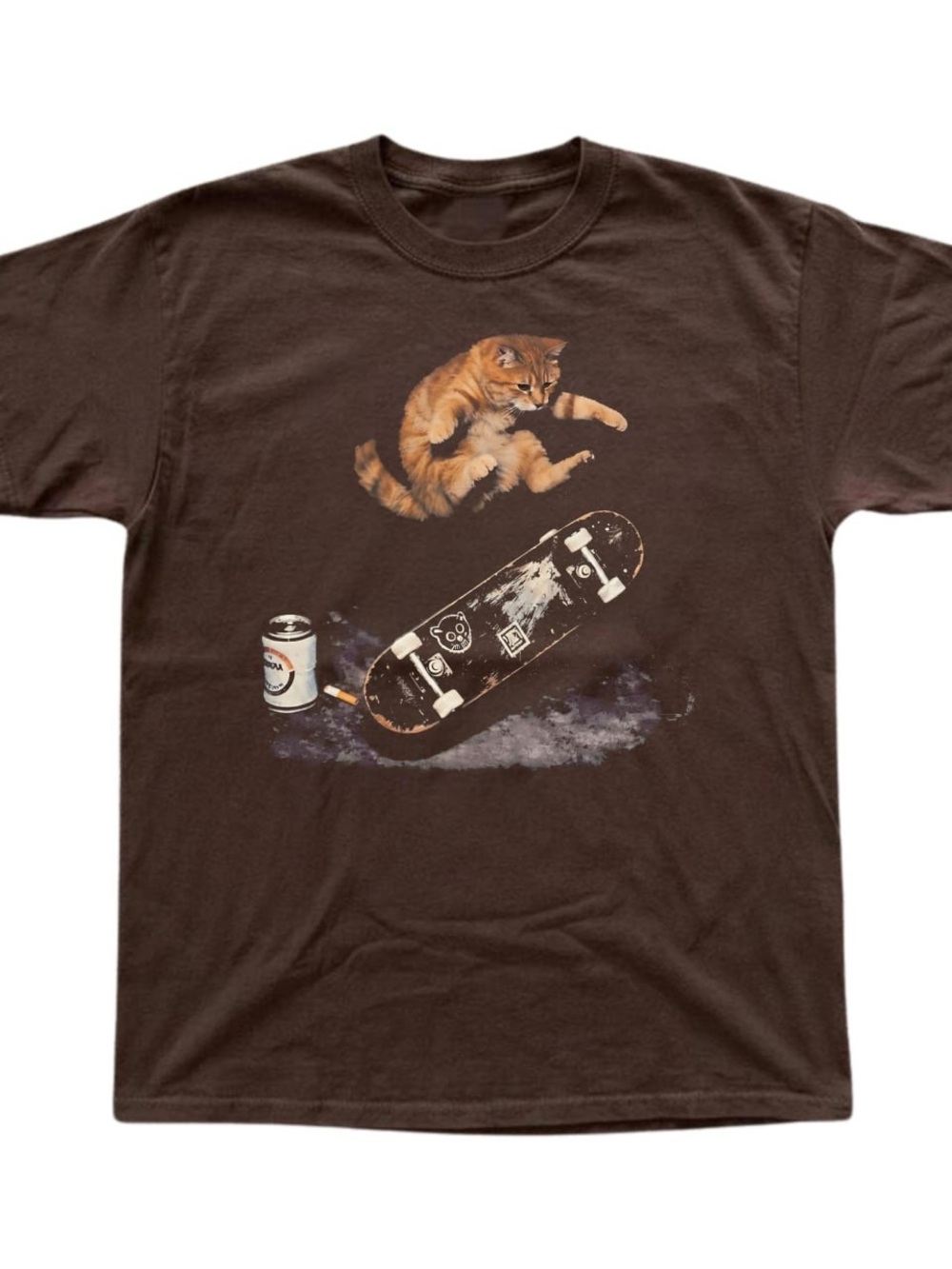 Brown Tee with Orange Cat Skateboard Graphic